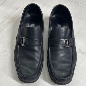 Salvatore Ferragamo Black Leather Loafers with Silver Buckle